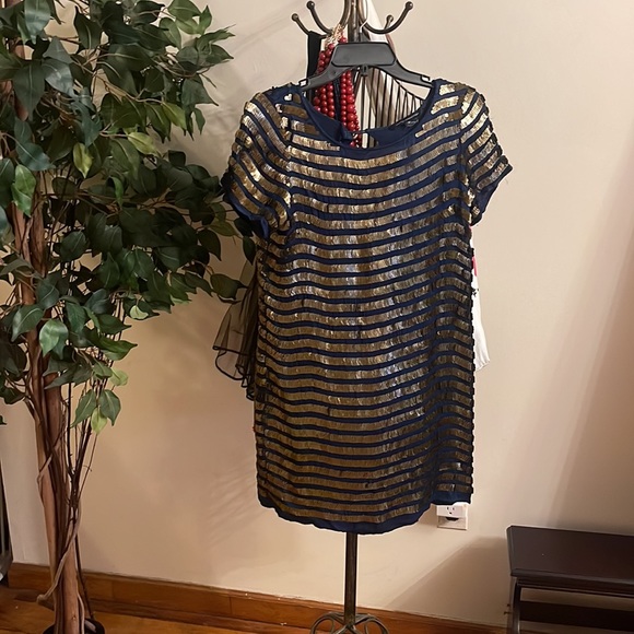 French Connection bronze and dark blue timeless sequin shift mini dress - Picture 2 of 9